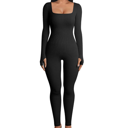 Fall Winter Hot-Selling Women'S Clothing Long Sleeve Jumpsuit Yoga Sexy One-Piece Square Collar Sportwear